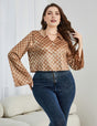 Women Plus Size Checkered Johnny Collar Flare Sleeve Shirt | PRUSES - PRUSES