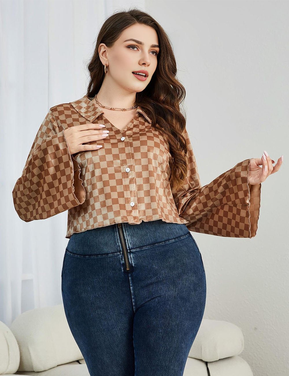 Women Plus Size Checkered Johnny Collar Flare Sleeve Shirt | PRUSES - PRUSES