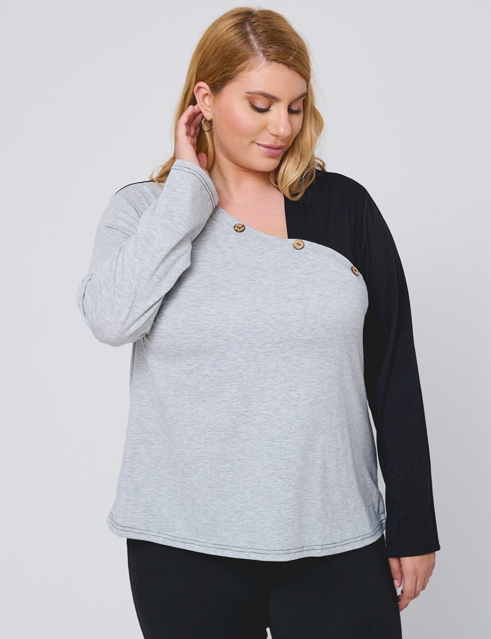 Women Plus Size Chic Long Sleeve T-Shirt With Buttons - PRUSES