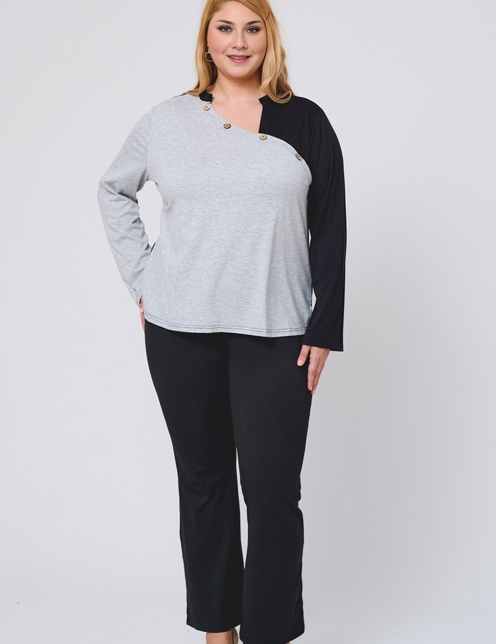 Women Plus Size Chic Long Sleeve T-Shirt With Buttons - PRUSES