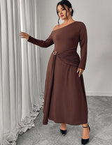 Women Plus Size Chocolate Brown One Shoulder Belted Maxi Dress - PRUSES