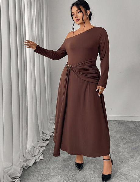 Women Plus Size Chocolate Brown One Shoulder Belted Maxi Dress - PRUSES