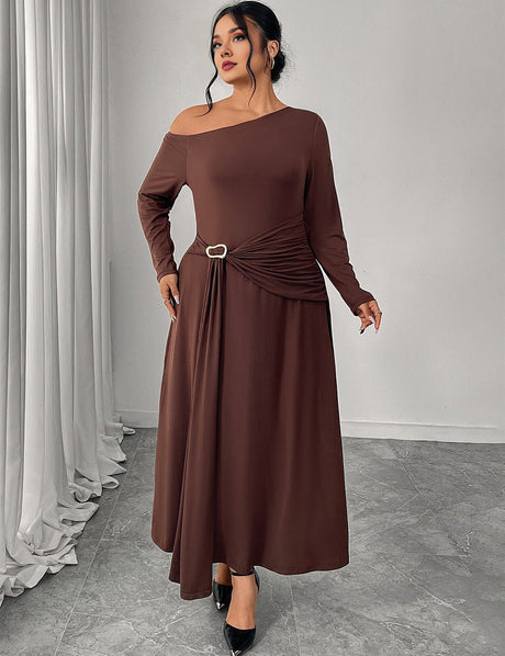 Women Plus Size Chocolate Brown One Shoulder Belted Maxi Dress - PRUSES