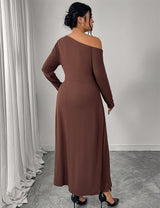Women Plus Size Chocolate Brown One Shoulder Belted Maxi Dress - PRUSES