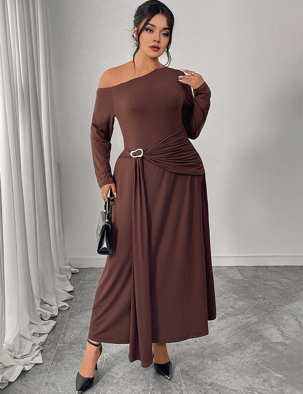 Women Plus Size Chocolate Brown One Shoulder Belted Maxi Dress - PRUSES