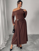 Women Plus Size Chocolate Brown One Shoulder Belted Maxi Dress - PRUSES