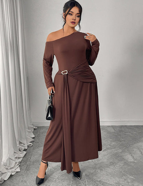 Women Plus Size Chocolate Brown One Shoulder Belted Maxi Dress - PRUSES