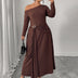 Women Plus Size Chocolate Brown One Shoulder Belted Maxi Dress - PRUSES