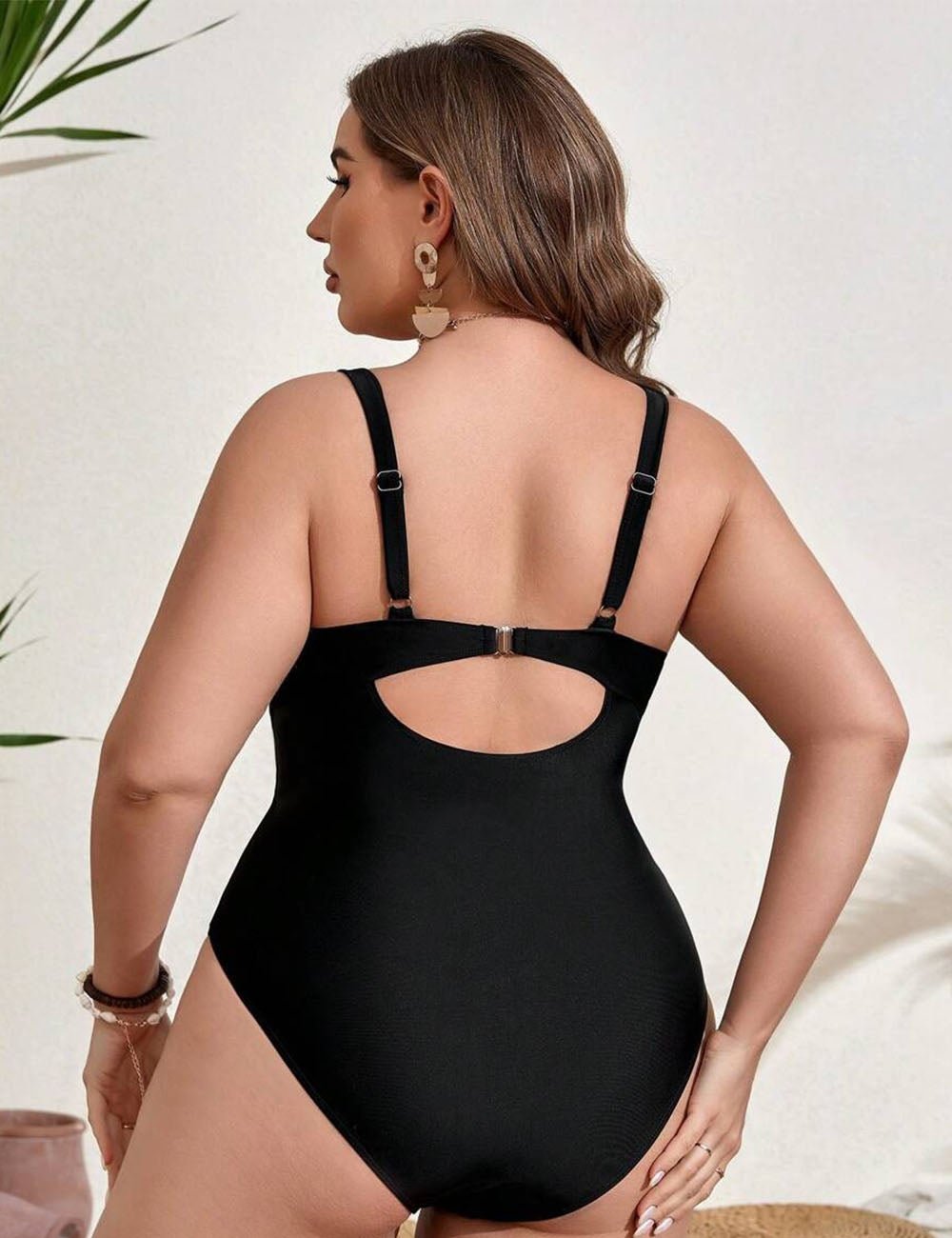 Women Plus Size Color Block Hollow Out One Piece Swimsuit - PRUSES