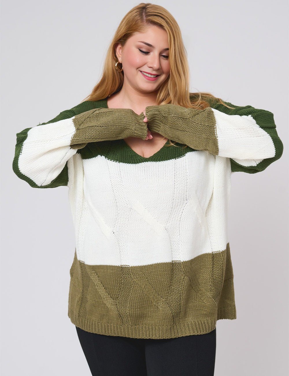 Women Plus Size Color Block Long Sleeve Sweater - PRUSES