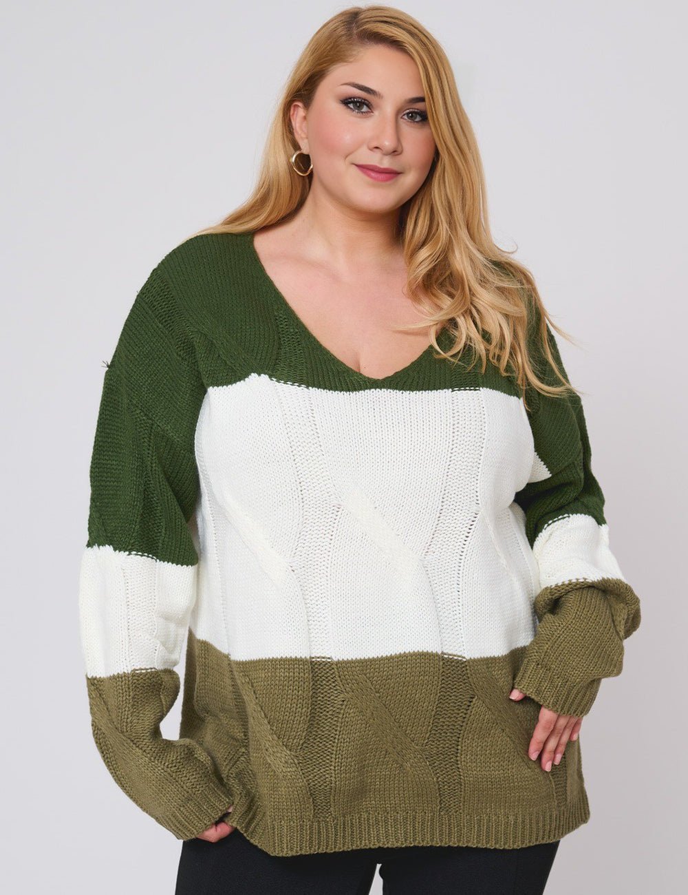 Women Plus Size Color Block Long Sleeve Sweater - PRUSES