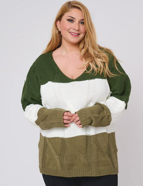 Women Plus Size Color Block Long Sleeve Sweater - PRUSES