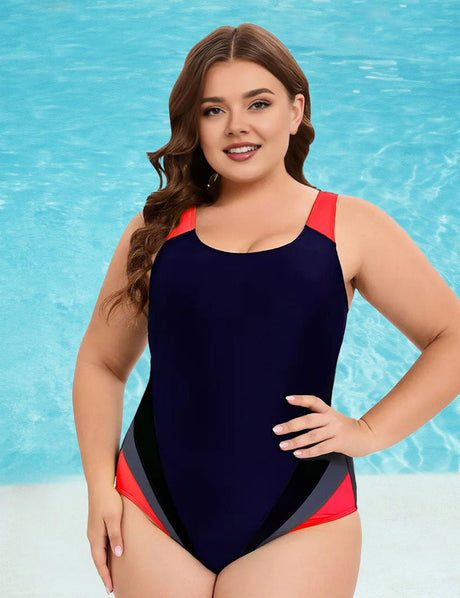 Women Plus Size Colorblock Backless One - Piece Swimsuit - PRUSES