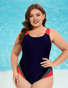 Women Plus Size Colorblock Backless One - Piece Swimsuit - PRUSES