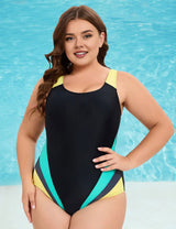 Women Plus Size Colorblock Backless One - Piece Swimsuit - PRUSES