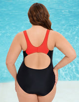 Women Plus Size Colorblock Backless One - Piece Swimsuit - PRUSES