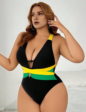 Women Plus Size Colorblock Tie One - Piece Swimsuit - PRUSES