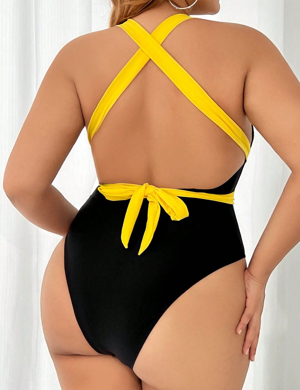 Women Plus Size Colorblock Tie One - Piece Swimsuit - PRUSES