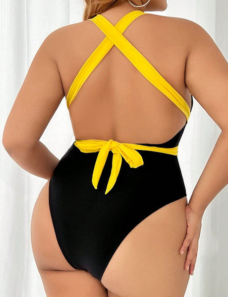 Women Plus Size Colorblock Tie One - Piece Swimsuit - PRUSES