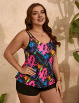 Women Plus Size Colorful Printed Boxer Tankini Set - PRUSES