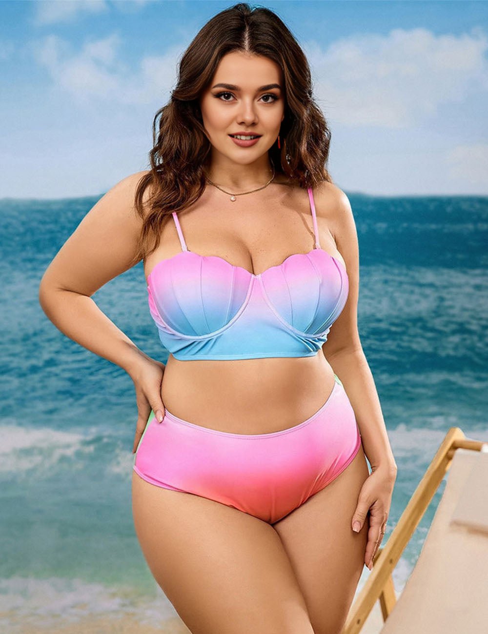 Women Plus Size Colorful Shell Shape Underwire Two - Piece Bikini Set - PRUSES