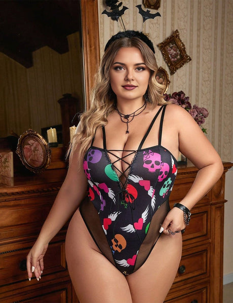 Women Plus Size Colorful Skull Print Halloween Teddy - PRUSES