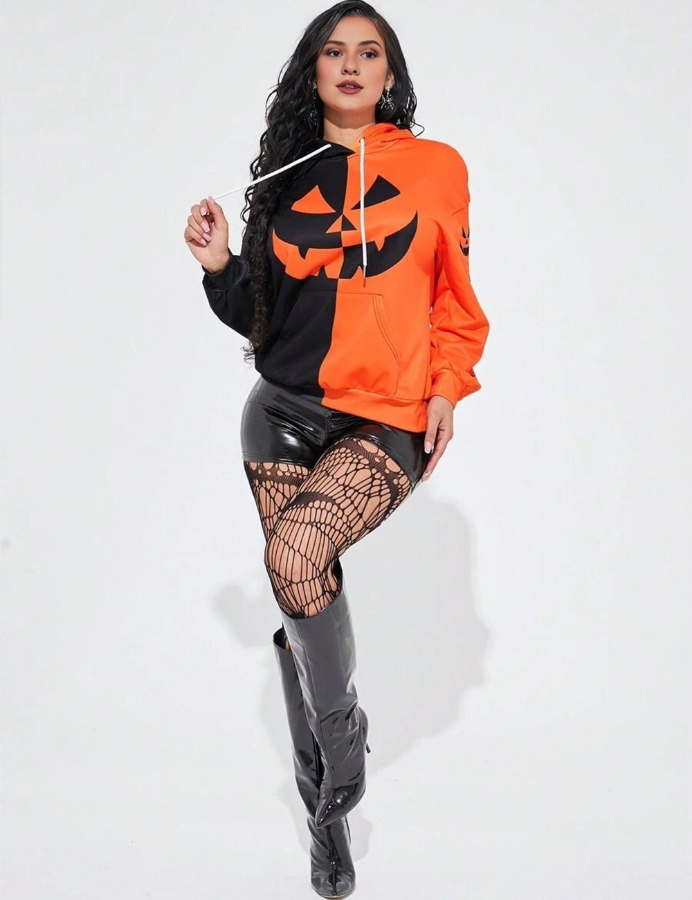 Women Plus Size Contrast Color Long Sleeve Halloween Hoodie - PRUSES