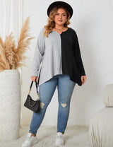 Women Plus Size Contrast Notched Neck Long Sleeve T-Shirt - PRUSES