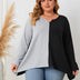 Women Plus Size Contrast Notched Neck Long Sleeve T-Shirt - PRUSES
