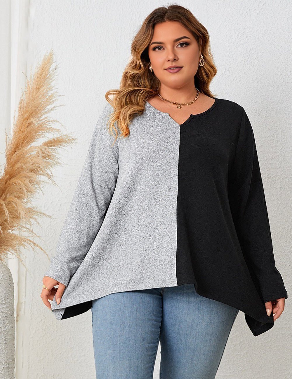 Women Plus Size Contrast Notched Neck Long Sleeve T-Shirt - PRUSES