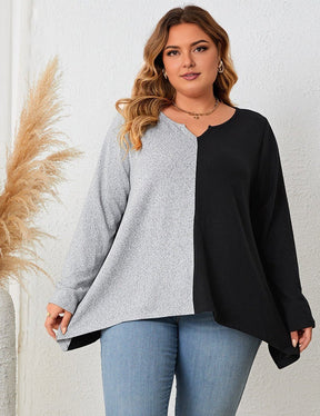Women Plus Size Contrast Notched Neck Long Sleeve T-Shirt - PRUSES