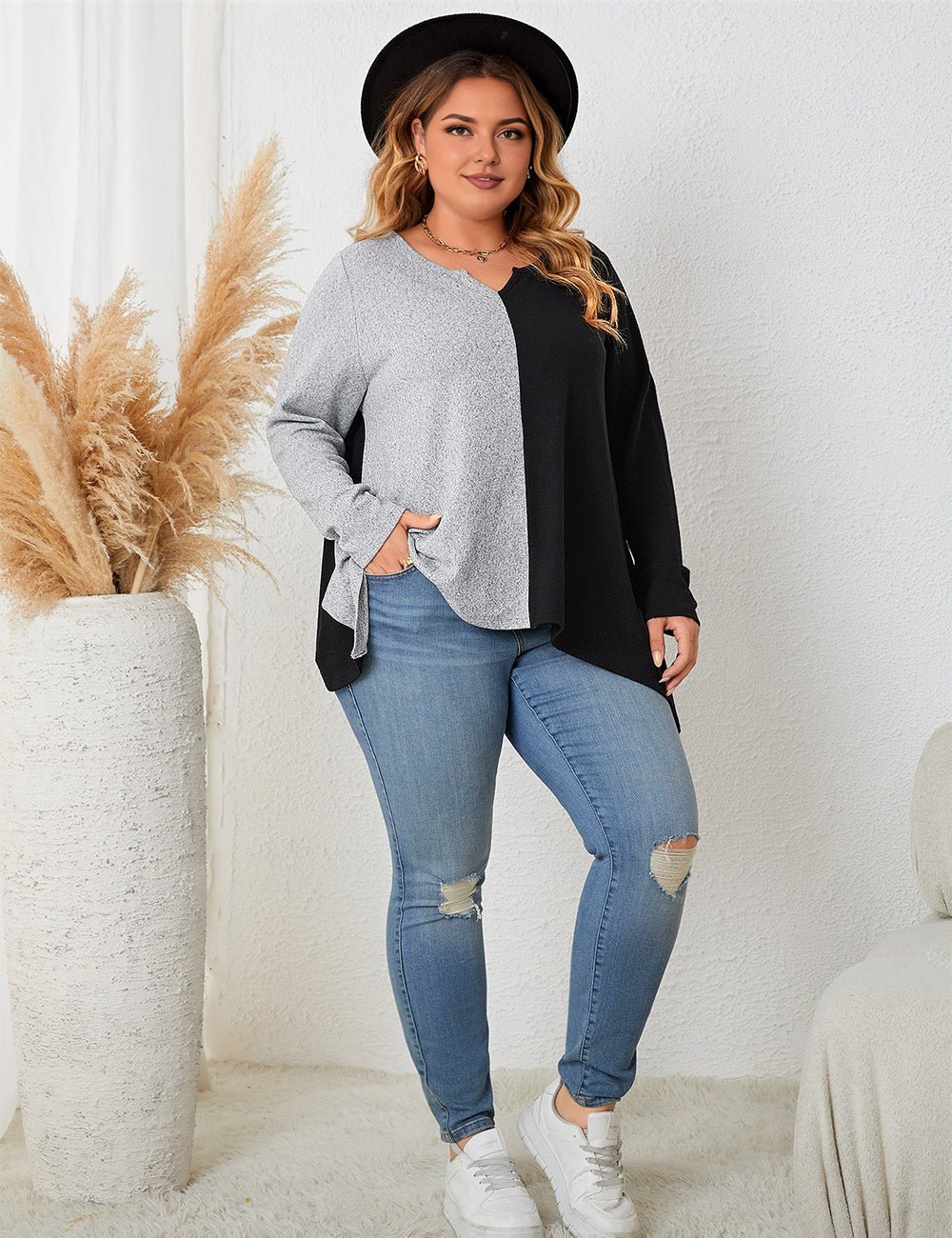 Women Plus Size Contrast Notched Neck Long Sleeve T-Shirt - PRUSES