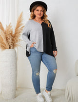 Women Plus Size Contrast Notched Neck Long Sleeve T-Shirt - PRUSES