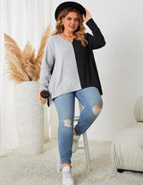Women Plus Size Contrast Notched Neck Long Sleeve T-Shirt - PRUSES