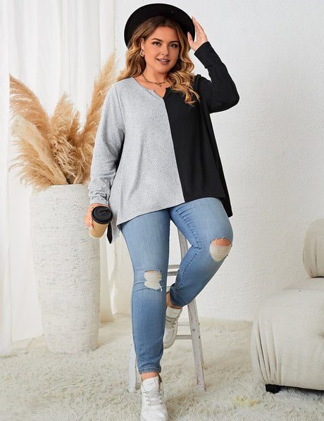 Women Plus Size Contrast Notched Neck Long Sleeve T-Shirt - PRUSES