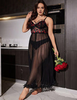 Women Plus Size Contrast Red Lip Lace Splice Mesh Nightgown - PRUSES