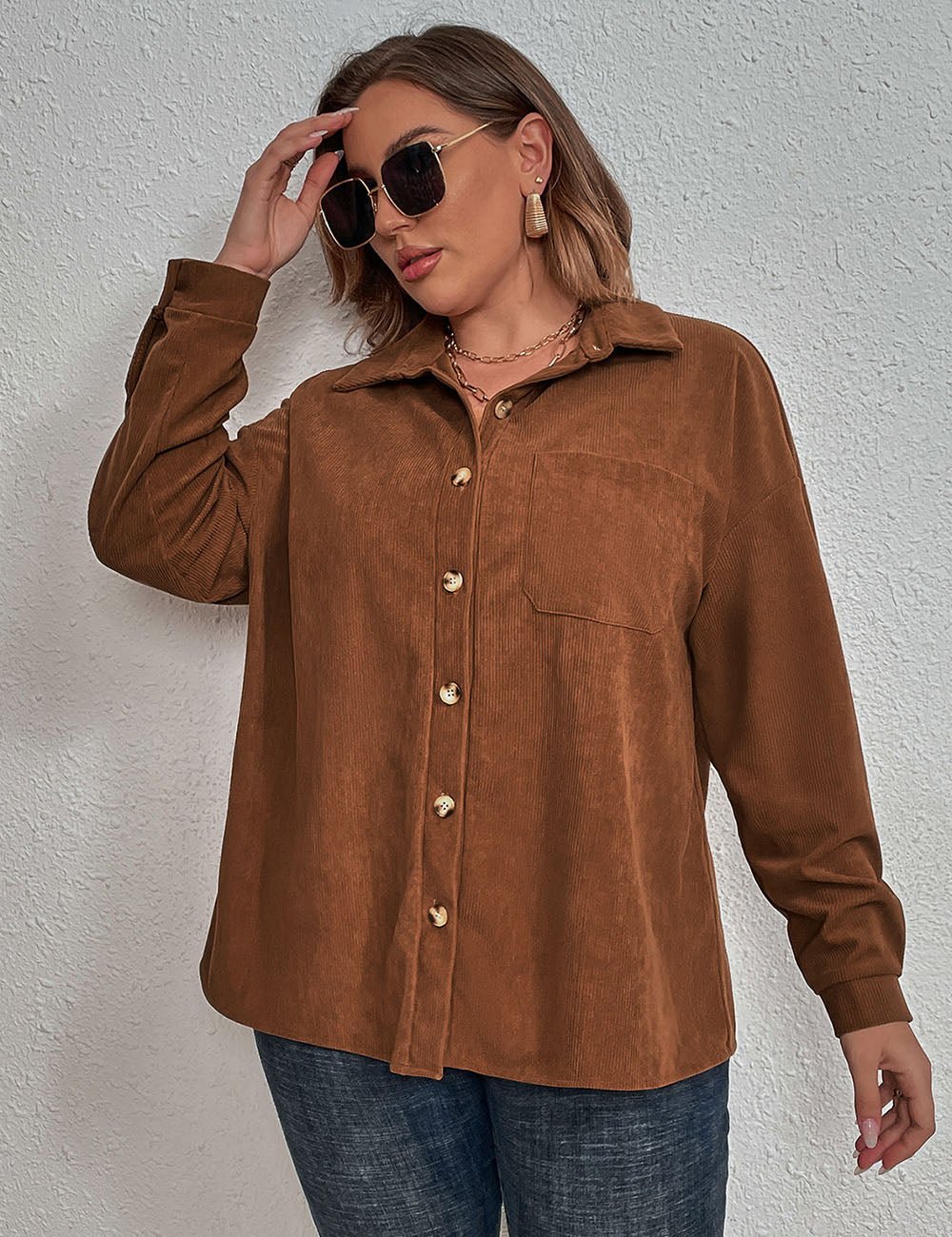 Women Plus Size Corduroy Long - Sleeved Shirt | PRUSES - PRUSES