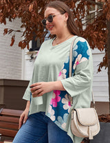 Women Plus Size Cotton Floral Print Patchwork T-Shirt | PRUSES - PRUSES