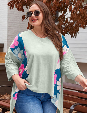 Women Plus Size Cotton Floral Print Patchwork T-Shirt | PRUSES - PRUSES
