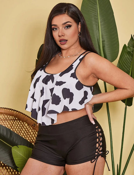 Women Plus Size Cow Print Ruffled High Waisted Tankini - PRUSES