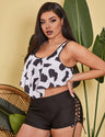 Women Plus Size Cow Print Ruffled High Waisted Tankini - PRUSES