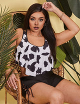 Women Plus Size Cow Print Ruffled High Waisted Tankini - PRUSES