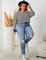 Women Plus Size Crew Neck Striped Long Sleeves | PRUSES - PRUSES