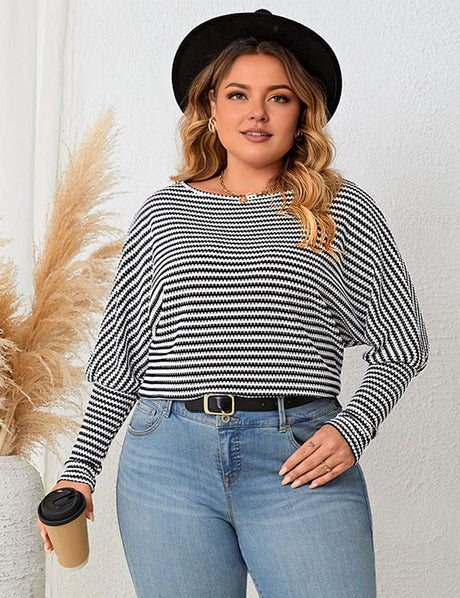 Women Plus Size Crew Neck Striped Long Sleeves | PRUSES - PRUSES