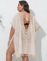 Women Plus Size Crochet Tassel Chiffon Cover Up - PRUSES