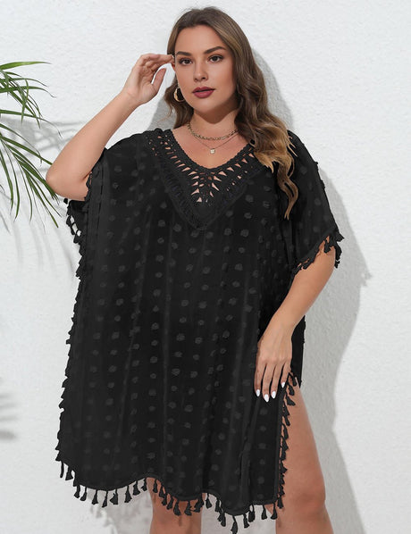Women Plus Size Crochet Tassel Chiffon Cover Up - PRUSES