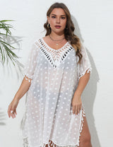 Women Plus Size Crochet Tassel Chiffon Cover Up - PRUSES