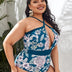 Women Plus Size Cross Halter Retro Print One - Piece Swimsuit - PRUSES