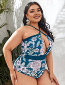 Women Plus Size Cross Halter Retro Print One - Piece Swimsuit - PRUSES
