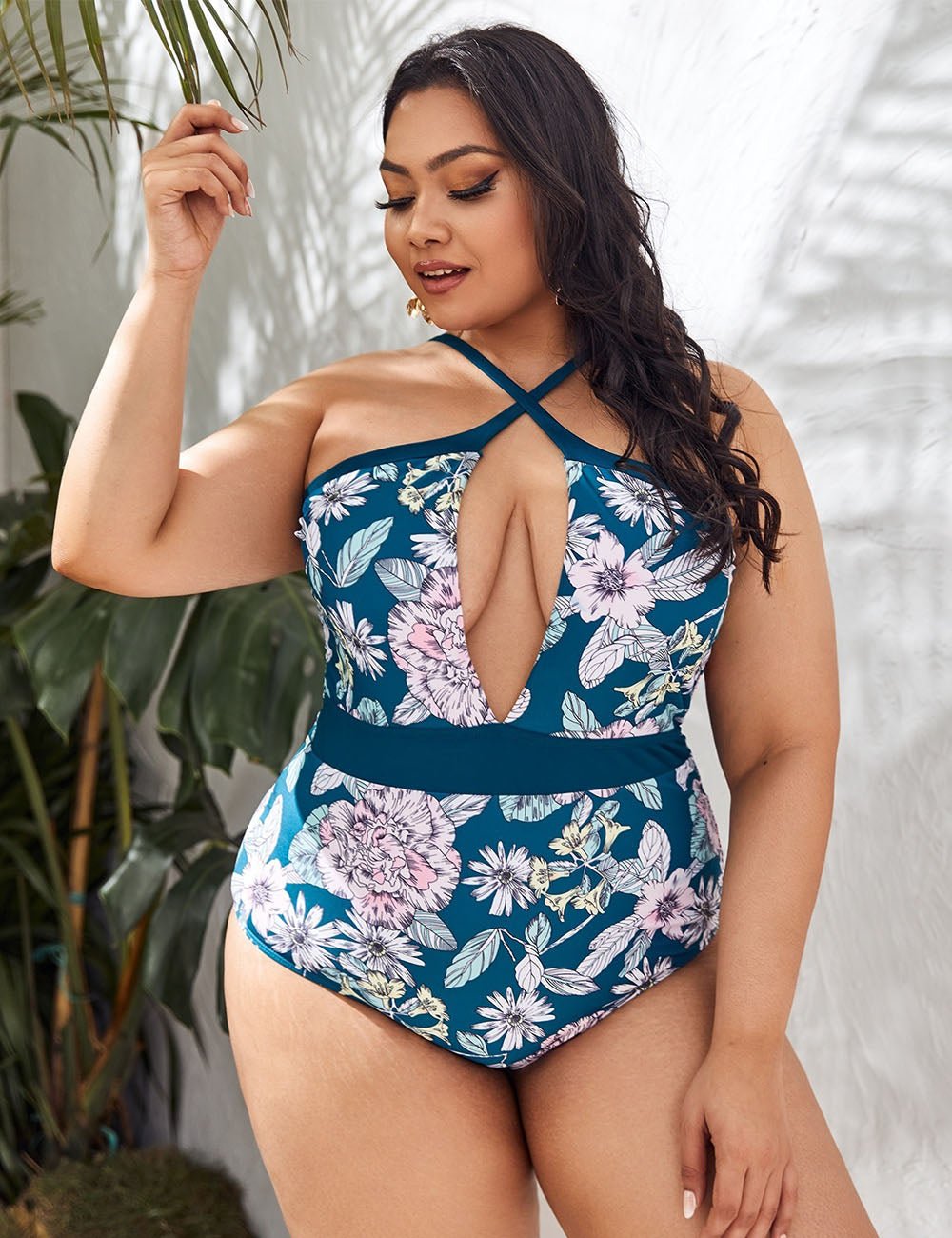Women Plus Size Cross Halter Retro Print One - Piece Swimsuit - PRUSES